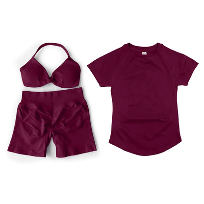 3 Pcs Short Sleeve Shirt Gym Set round Neck Yoga Shirt & Seamless Shorts &Strappy Bra Fitness Cycling Gym Clothing