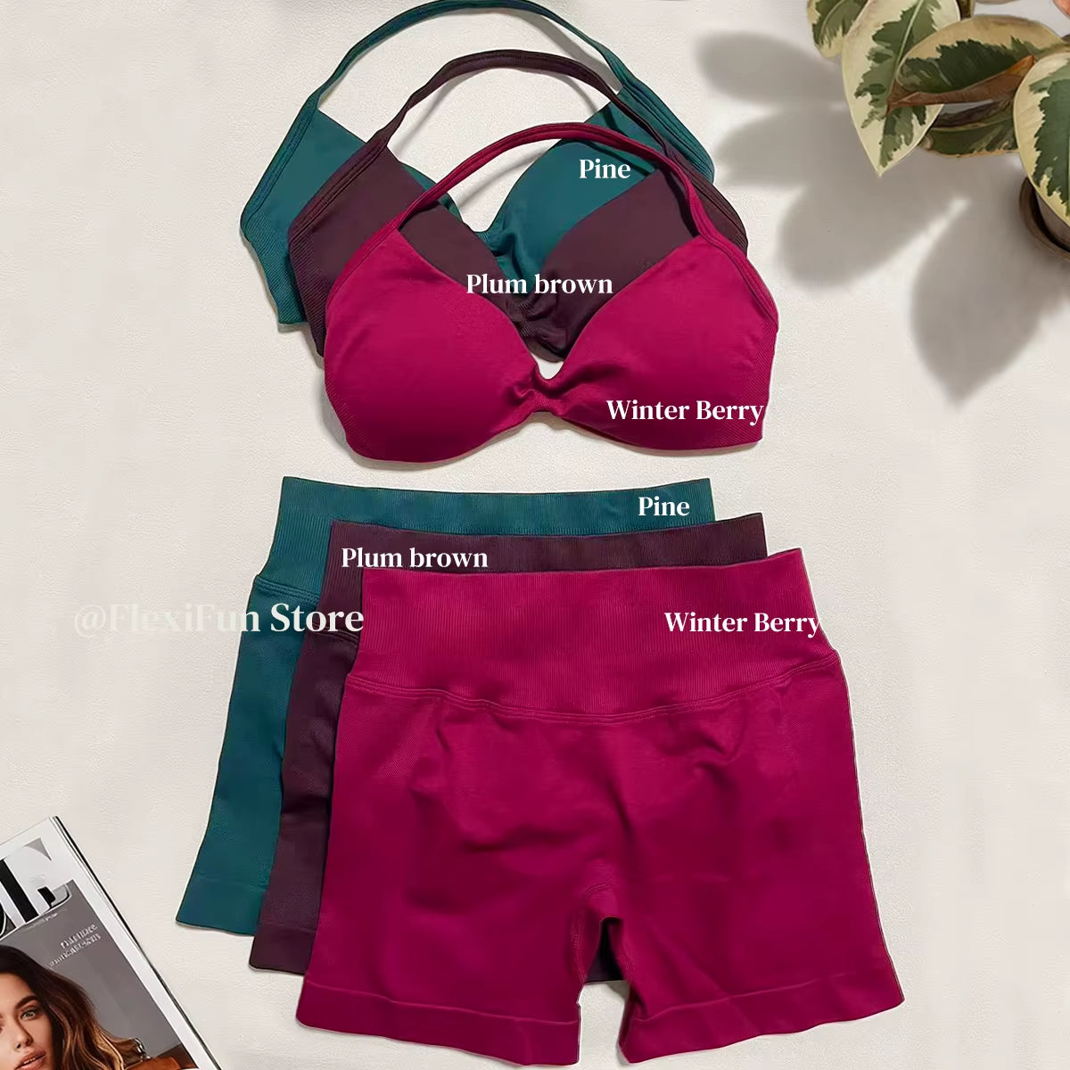 3 Pcs Short Sleeve Shirt Gym Set round Neck Yoga Shirt & Seamless Shorts &Strappy Bra Fitness Cycling Gym Clothing