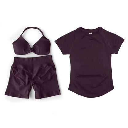 3 Pcs Short Sleeve Shirt Gym Set round Neck Yoga Shirt & Seamless Shorts &Strappy Bra Fitness Cycling Gym Clothing