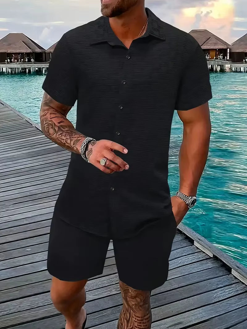 2025 Men'S New Summer Short-Sleeved Suit Lapel Fashion Casual Beach Striped Plaid Suit