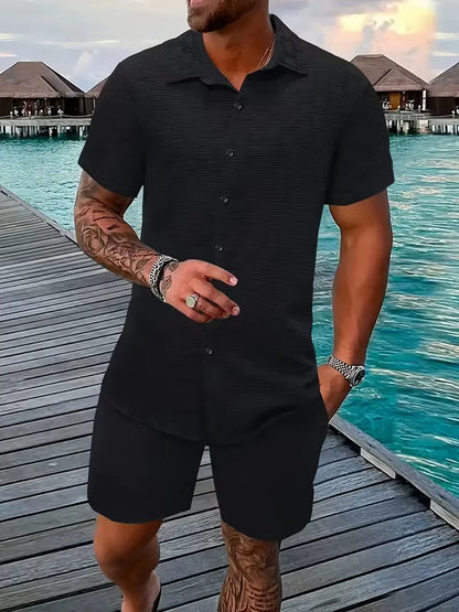 2025 Men'S New Summer Short-Sleeved Suit Lapel Fashion Casual Beach Striped Plaid Suit