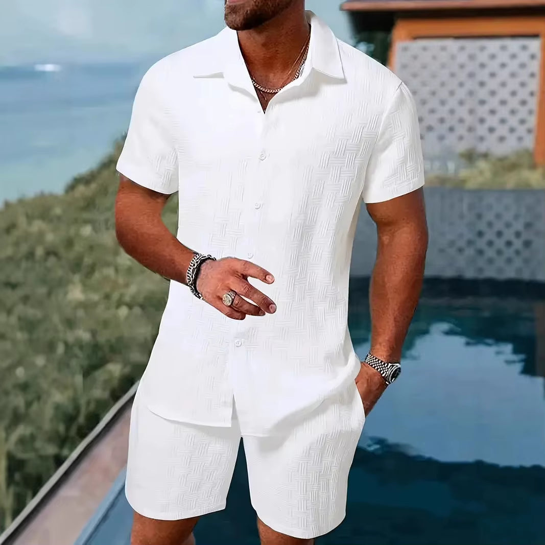 2025 Men'S New Summer Short-Sleeved Suit Lapel Fashion Casual Beach Striped Plaid Suit
