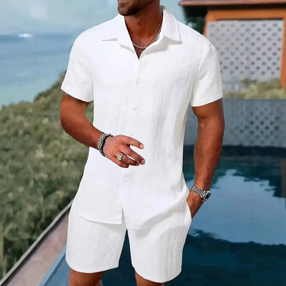 2025 Men'S New Summer Short-Sleeved Suit Lapel Fashion Casual Beach Striped Plaid Suit