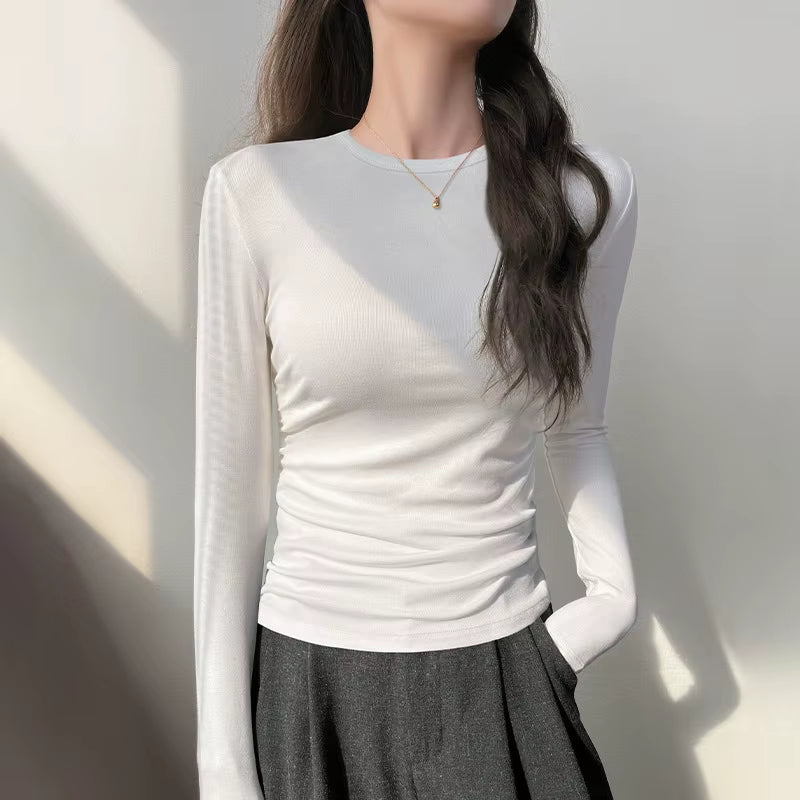 Slim Fit Long Sleeve T-Shirt Women'S Basic Style 2025 Autumn Season Versatile Korean Style Trendy Base Layer Top